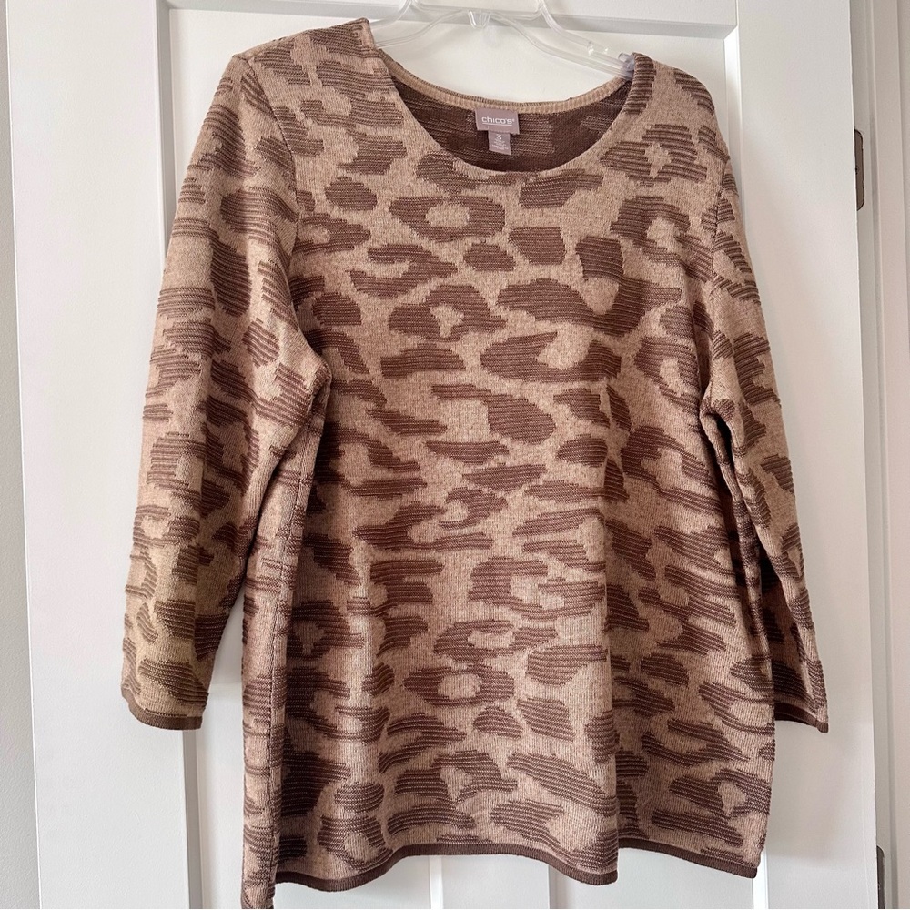Chico's Brown Animal Print Sweater Size 3 3/4 Sleeve